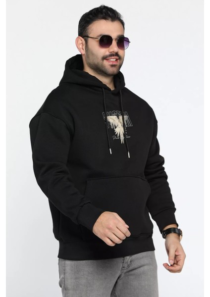 Üç Iplik Şardonlu Kapüşonlu Kartal Baskılı Erkek Sweatshirt modelleri