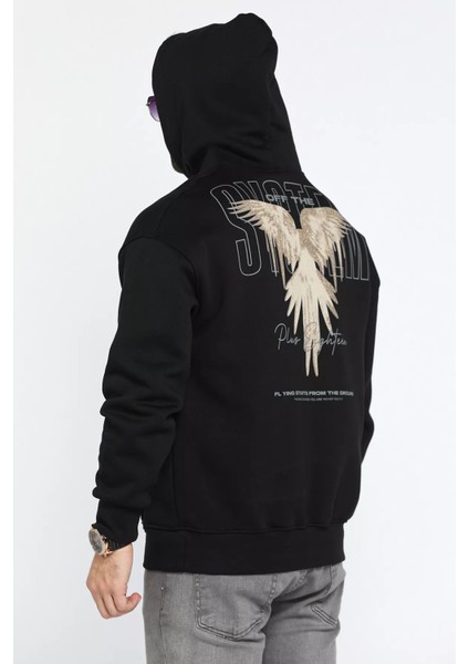 Üç Iplik Şardonlu Kapüşonlu Kartal Baskılı Erkek Sweatshirt fırsatları