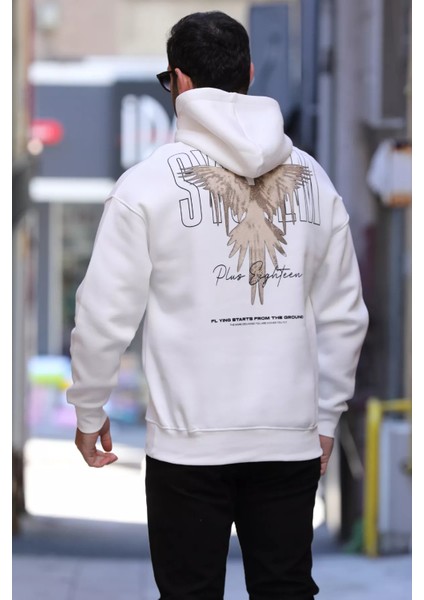Üç Iplik Şardonlu Kapüşonlu Kartal Baskılı Erkek Sweatshirt modelleri