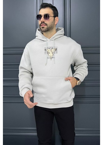 Üç Iplik Şardonlu Kapüşonlu Kartal Baskılı Erkek Sweatshirt modelleri