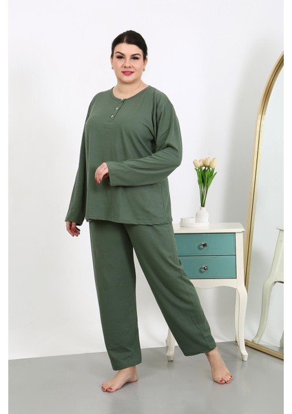Kadın Büyük Beden Uzun Kol Penye Pijama Takımı Haki 202501