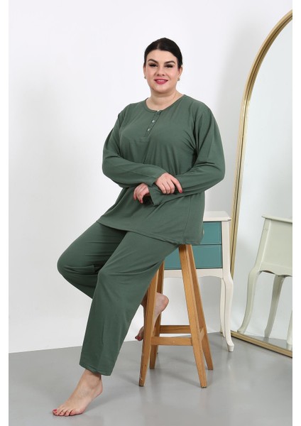 Kadın Büyük Beden Uzun Kol Penye Pijama Takımı Haki 202501 fiyatları