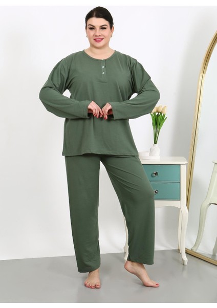 Kadın Büyük Beden Uzun Kol Penye Pijama Takımı Haki 202501 modelleri