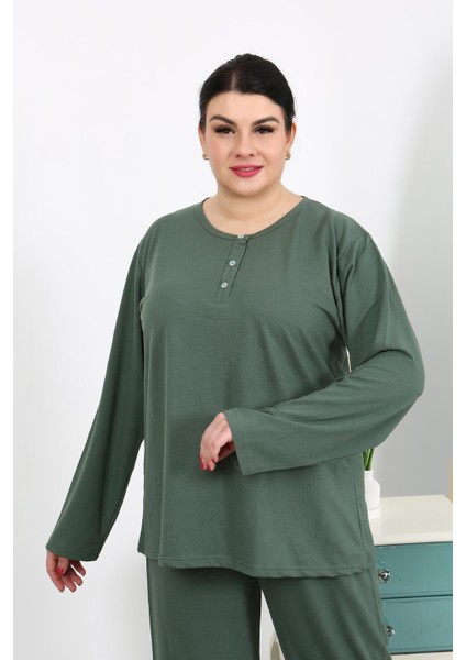 Kadın Büyük Beden Uzun Kol Penye Pijama Takımı Haki 202501 fırsatları