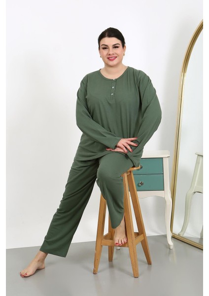 Kadın Büyük Beden Uzun Kol Penye Pijama Takımı Haki 202501 indirimleri