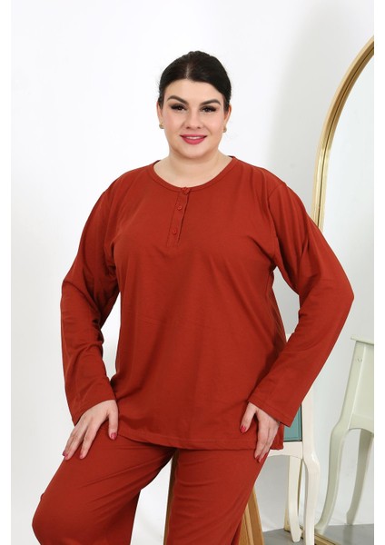 Kadın Büyük Beden Uzun Kol Penye Pijama Takımı Kiremit 202501 indirimleri