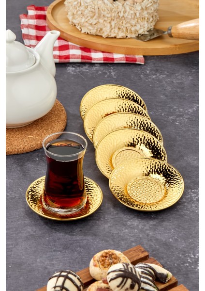 Metal Dövme Desenli 6'lı Çay Tabağı - Altın ve Gümüş Renk Seçeneği -Sunumlar Için Özel