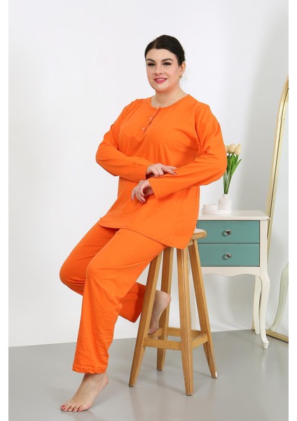 Kadın Büyük Beden Uzun Kol Penye Pijama Takımı Turuncu 202501