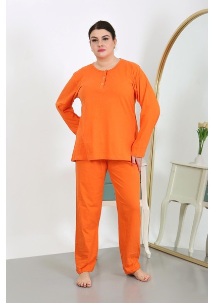 Kadın Büyük Beden Uzun Kol Penye Pijama Takımı Turuncu 202501 fiyatları
