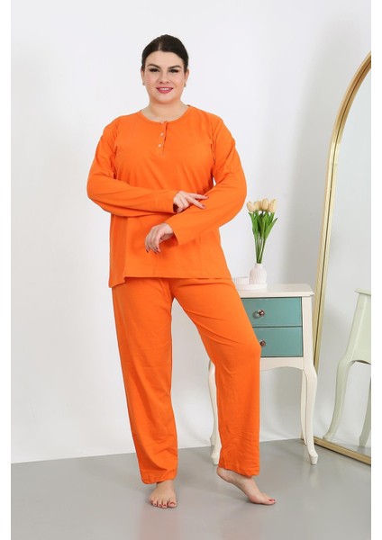 Kadın Büyük Beden Uzun Kol Penye Pijama Takımı Turuncu 202501 fırsatları