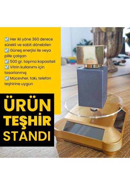 Güneş Enerjili Otomatik 360 Derece Döner Motorlu Takı Mücevher Telefon Teşhir Standı