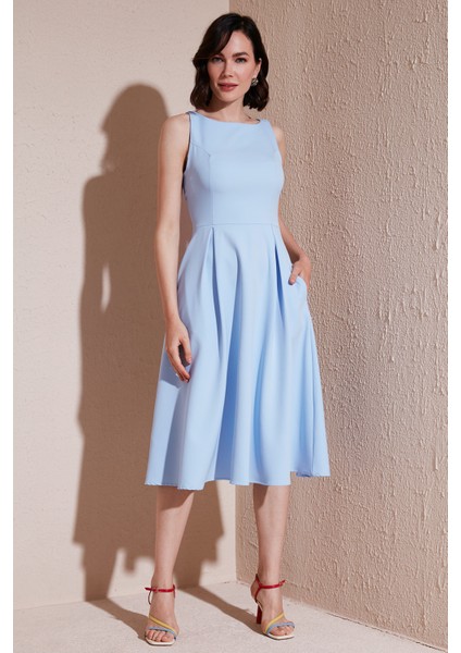 Bisiklet Yaka Regular Fit Cepli Pileli Midi Elbise Bayan Elbise 6051963