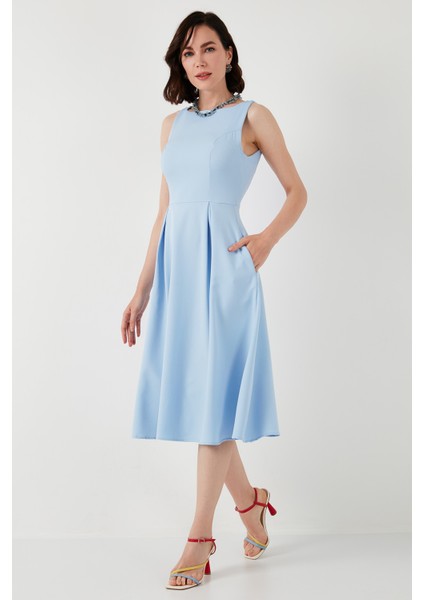 Bisiklet Yaka Regular Fit Cepli Pileli Midi Elbise Bayan Elbise 6051963