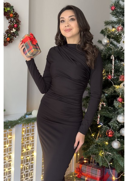 Kadın Drapeli Uzun Kollu Midi Boy Elbise Taba, Gri, Siyah, Leopar, Turkuaz, Mürdüm fiyatları