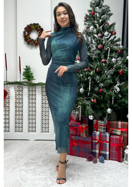 Kadın Drapeli Uzun Kollu Midi Boy Elbise Taba, Gri, Siyah, Leopar, Turkuaz, Mürdüm