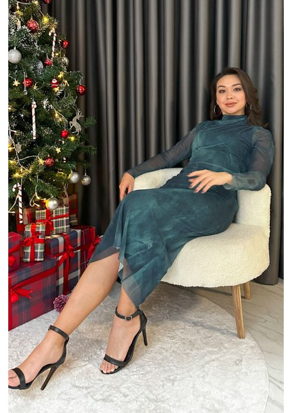 Kadın Drapeli Uzun Kollu Midi Boy Elbise Taba, Gri, Siyah, Leopar, Turkuaz, Mürdüm fırsatları