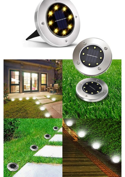 Solar Güneş Enerjili 8 Ledli Kazıklı Çim Zemin Bahçe Aydınlatma 3 W Gün Işığı Sarı LED (4 Lü Set )
