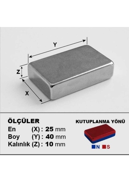 Mıknatıs, 40MM x 25MM x 10MM Köşeli Süper Güçlü Neodyum Mıknatıs