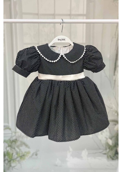 Bebe Yaka Dantelli Kız Çocuk Bebek Puantiyeli Pamuklu Siyah Beyaz Elbise