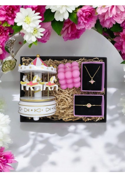 Pembe Atlıkarıncalı Aromalı Bubble Mumlu Gold Pembe Taşlı Kolye Bileklikli Hediye Seti fiyatları