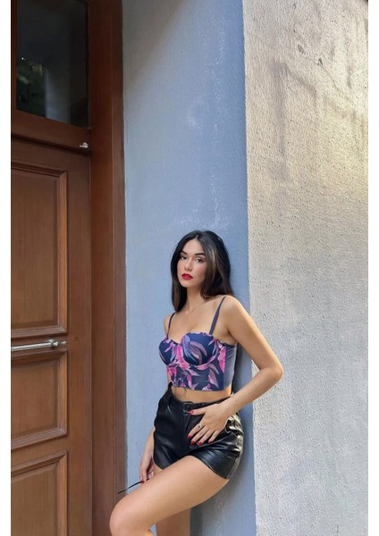Çiçek Baskılı Korseli Balenli Bralet Sütyen Takımı Corset Bra Set fırsatları