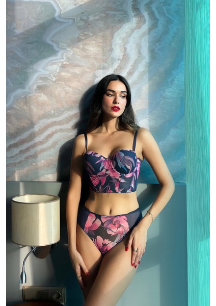 Çiçek Baskılı Korseli Balenli Bralet Sütyen Takımı Corset Bra Set