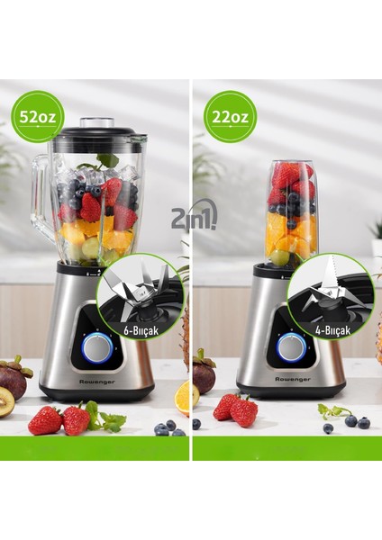 2in1 Inox 1.5lt Cam Hazneli Sürahi Smoothie Blender + 600ML Kişisel Blender