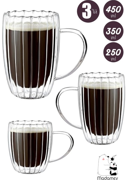 3'lü Çift Cidarlı Kulplu Isıya Dayanıklı Cam Bardağı Seti Burgulu 450 + 350 + 250 Ml. Bardak Seti