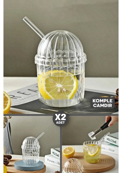 2'li Kübbe Kapaklı Pipetli Bardak Isıya Dayanıklı Eggglass Iskandinav Kahve Sunum Bardağı 430ML Set