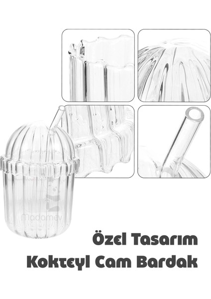 2'li Kübbe Kapaklı Pipetli Bardak Isıya Dayanıklı Eggglass Iskandinav Kahve Sunum Bardağı 430ML Set