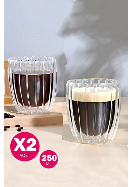 2'li Çift Cidarlı Isıya Dayanıklı Cam Bardak Sıcak Soğuk Çizgili Çay Süt Kahve Kupası Bardağı 250ML
