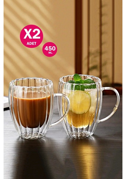 2'li Çift Cidarlı 450 ml Kulplu Isıya Dayanıklı Cam Bardak Burgulu Çay Süt Kahve Kupası Bardağı Set