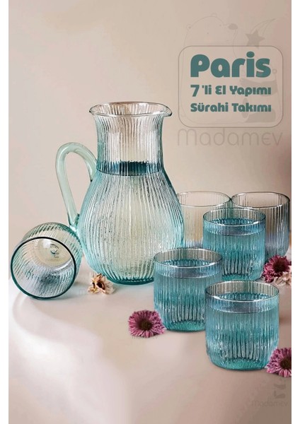 7 Parça El Üretimi Sürahi Takımı Su Yeşili Çizgili Cam Sürahi 2 Lt ve Bardağı 375 ml Kulplu Jug Set