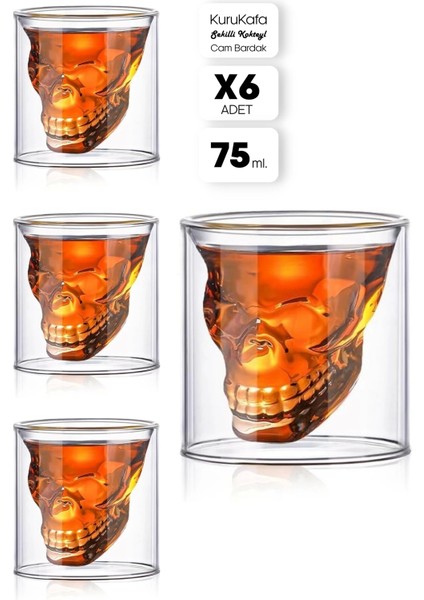 6'lı Kuru Kafa Shot Kokteyl Bardağı Kahve Sunum Bardağı Skull Bardak Tasarım Kokteyl Bardağı 75 Ml.