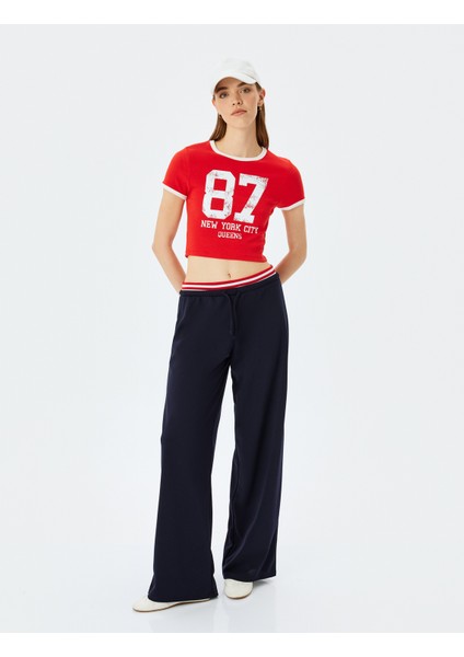 Baskılı Kısa Kollu Bisiklet Yaka Slim Fit Crop Kaşkorse Tişört