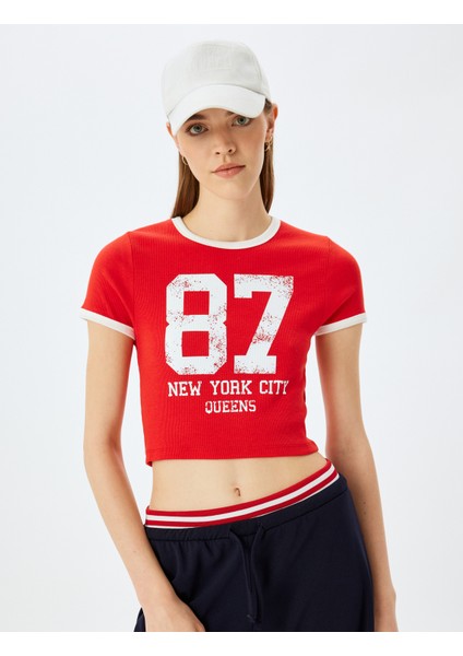 Baskılı Kısa Kollu Bisiklet Yaka Slim Fit Crop Kaşkorse Tişört