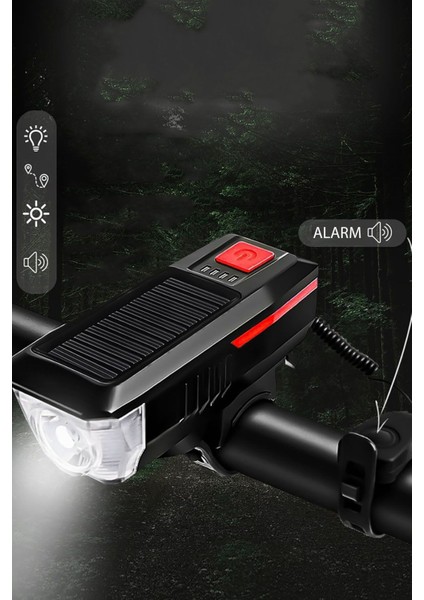 Güneş Enerjili USB Şarjlı Bisiklet Lambası Solar Fener Ön Far Işık Aydınlatma Kornalı