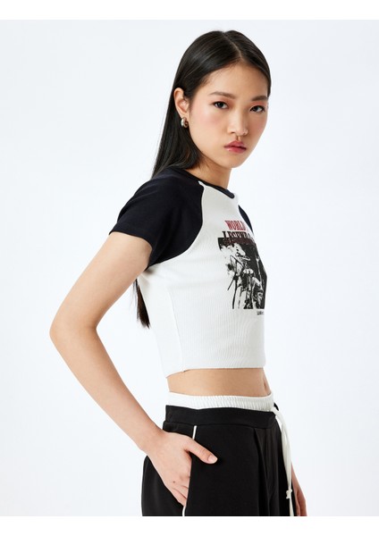 Baskılı Kısa Kollu Bisiklet Yaka Slim Fit Crop Tişört
