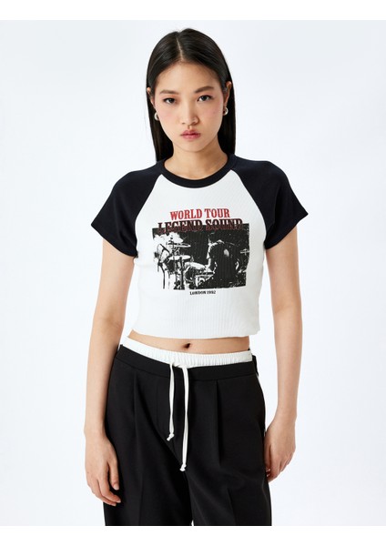 Baskılı Kısa Kollu Bisiklet Yaka Slim Fit Crop Tişört