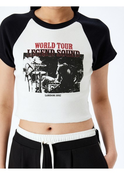 Baskılı Kısa Kollu Bisiklet Yaka Slim Fit Crop Tişört