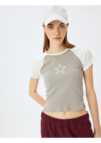 Yıldız Baskılı Reglan Kollu Bisiklet Yaka Kaşkorse Slim Fit Tişört