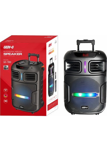 Zore GD-1503 Dijital LED Göstergeli Fm Radyolu Mikrofonlu Rgb Tws 15 Inç Stereo Bass Kablosuz Karaok