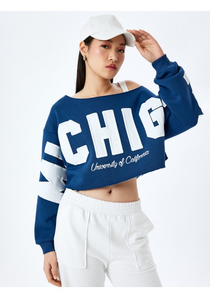 Slogan Baskılı Kayık Yaka Uzun Kollu Crop Sweatshirt