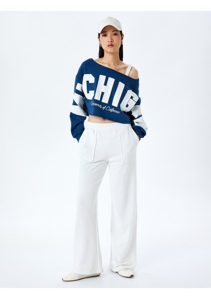Slogan Baskılı Kayık Yaka Uzun Kollu Crop Sweatshirt