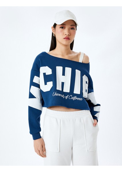 Slogan Baskılı Kayık Yaka Uzun Kollu Crop Sweatshirt