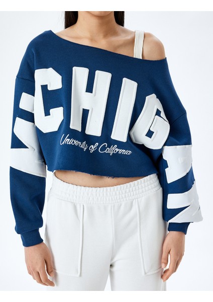 Slogan Baskılı Kayık Yaka Uzun Kollu Crop Sweatshirt