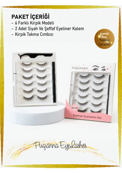 Mis Tedarik 6 FARKLI Çift Doğal Kirpik  ve  2Adet Suya Dayanıklı Yapışkanlı Likit Eyeliner Yapıştırıcı (Siyah VE ŞEFFAF RENK)