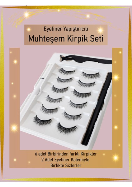 6 FARKLI Çift Doğal Kirpik ve 2Adet Suya Dayanıklı Yapışkanlı Likit Eyeliner Yapıştırıcı (Siyah VE ŞEFFAF RENK)