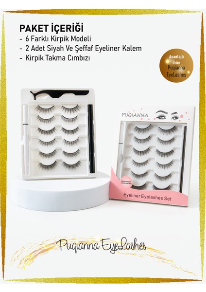 Takma kirpik seti 6 farklı Çift doğal Model ve 2 Adet Mıknatıslı Likit Eyeliner Yapıştırıcılı (Beyaz+Siyah)