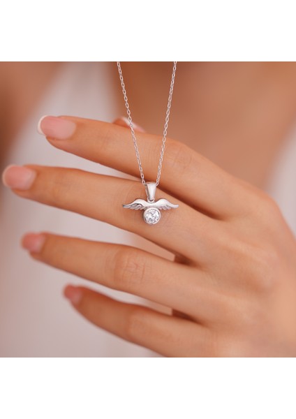 925 Ayar Radyum Kaplama Swarovski Taşlı Melek Kanadı Gümüş Kolye